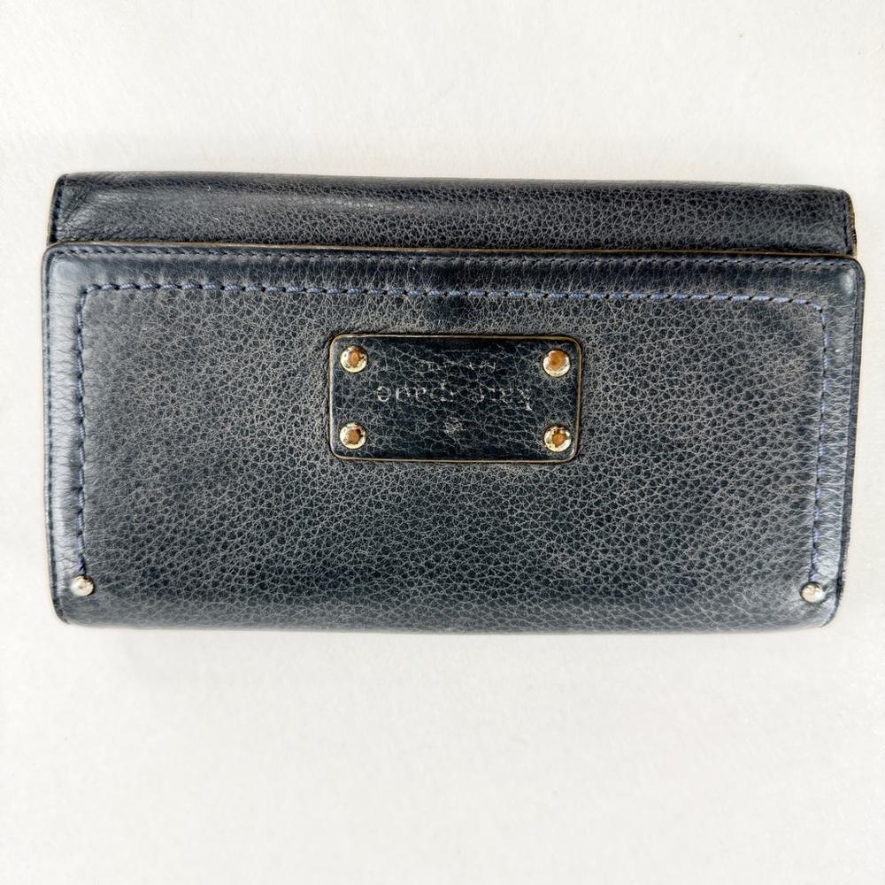Kate Spade Black Leather Long Tri Fold Wallet Logo Studs